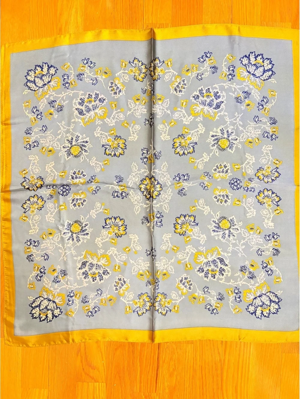 Elegant Blue and Yellow Floral Scarf with Gold Border